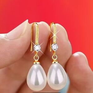 Elegant Golden CZ and Pearl Drop Earrings
